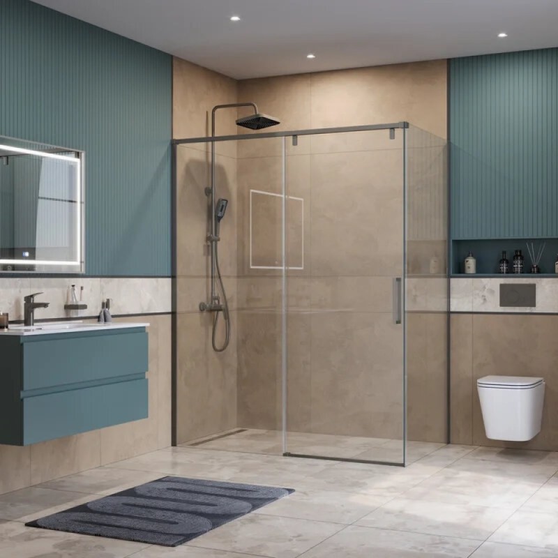 Душевой уголок BelBagno SOFT_CLOSE-1-AH-1-150/80-C-GM, 150 х 80 см, стекло прозрачное, профиль вороненая сталь, gunmetal