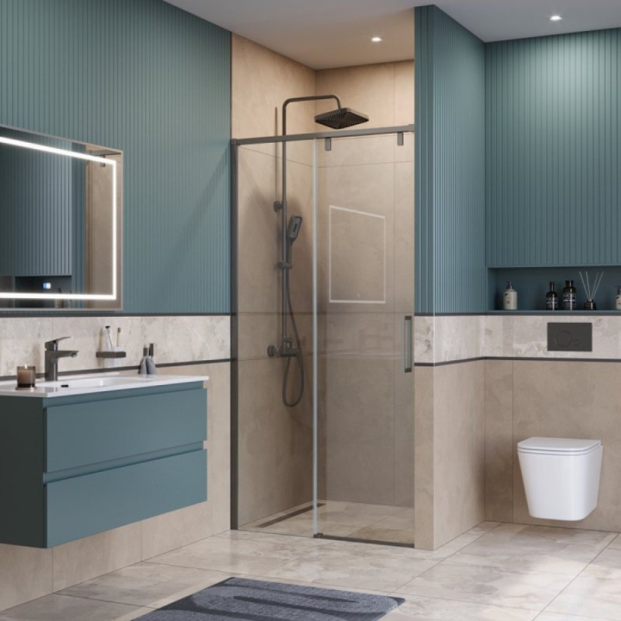 Душевая дверь BelBagno SOFT_CLOSE-1-BF-1-100-C-GM, 100 см, стекло прозрачное, профиль вороненая сталь, gunmetal