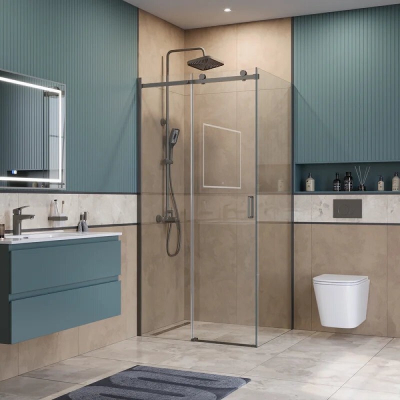 Душевой уголок BelBagno SOFT_CLOSE-2-AH-1-100/80-C-GM, 100 х 80 см, стекло прозрачное, профиль вороненая сталь, gunmetal