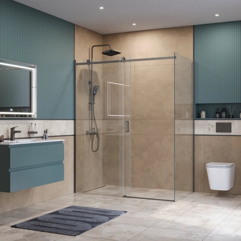 Душевой уголок BelBagno SOFT_CLOSE-2-AH-1-160/80-C-GM, 160 х 80 см, стекло прозрачное, профиль вороненая сталь, gunmetal