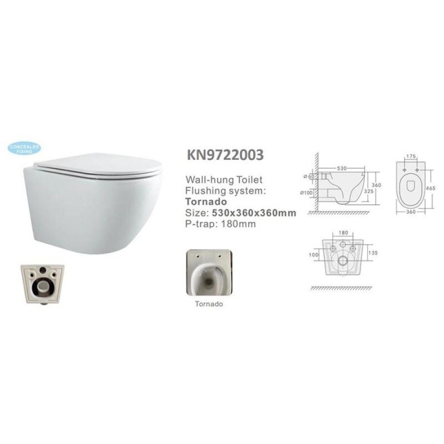 Подвесной унитаз Stella Polar Дения KN9722003, SP-00001845, безободковый, смыв торнадо, крышка-сиденье микролифт, белый