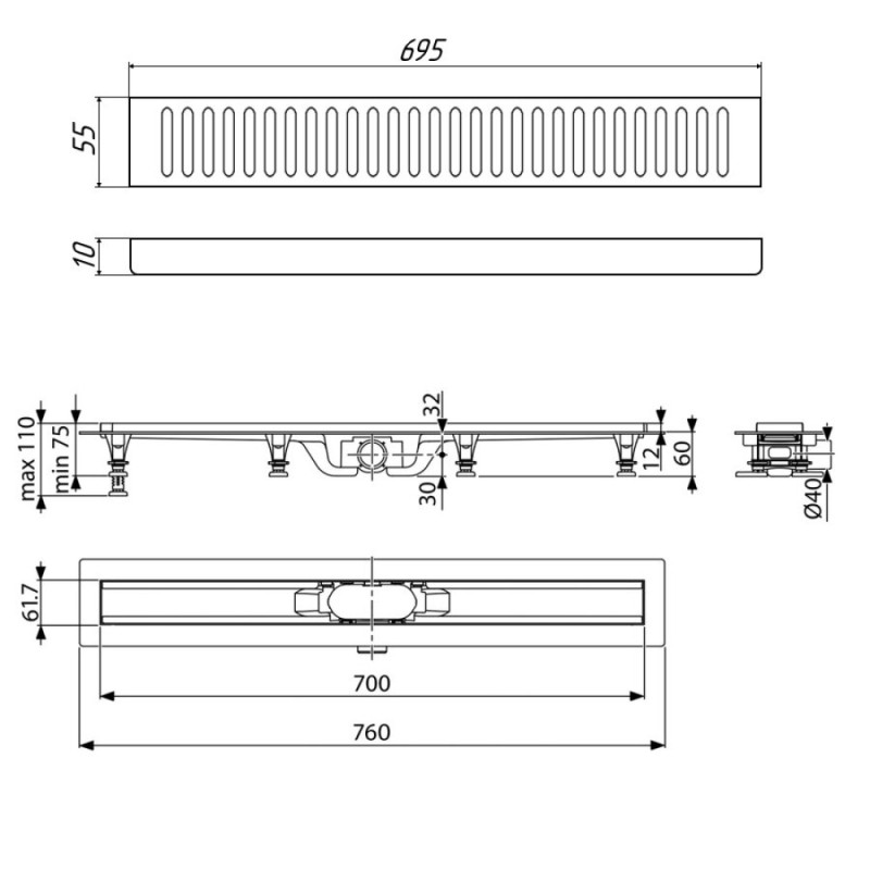 Дренажный канал Timo Eco SP10-700, 70 см, желоб из пластика, перфорированная решетка, хром, SP10700-PC10700