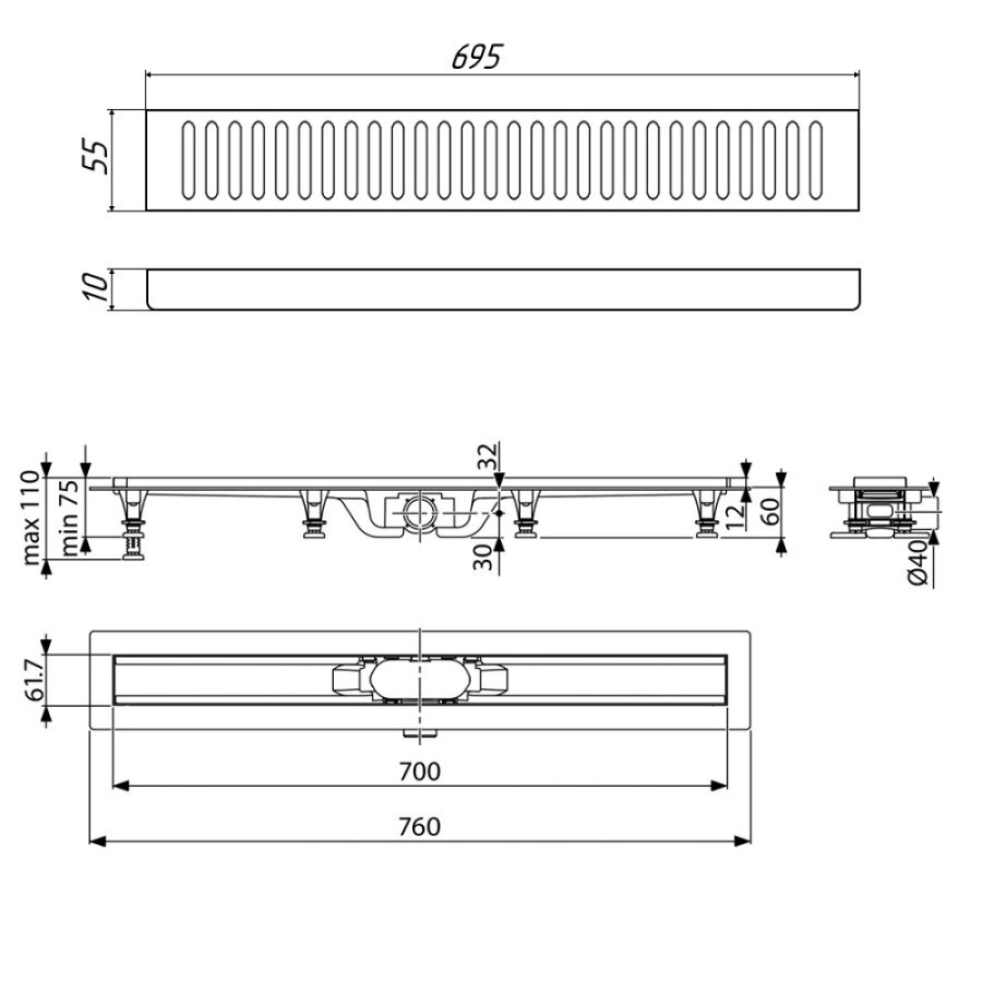 Дренажный канал Timo Eco SP10-700, 70 см, желоб из пластика, перфорированная решетка, хром, SP10700-PC10700