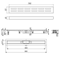 Дренажный канал Timo Eco SP10-800, 80 см, желоб из пластика, перфорированная решетка, хром, SP10800-DG10800