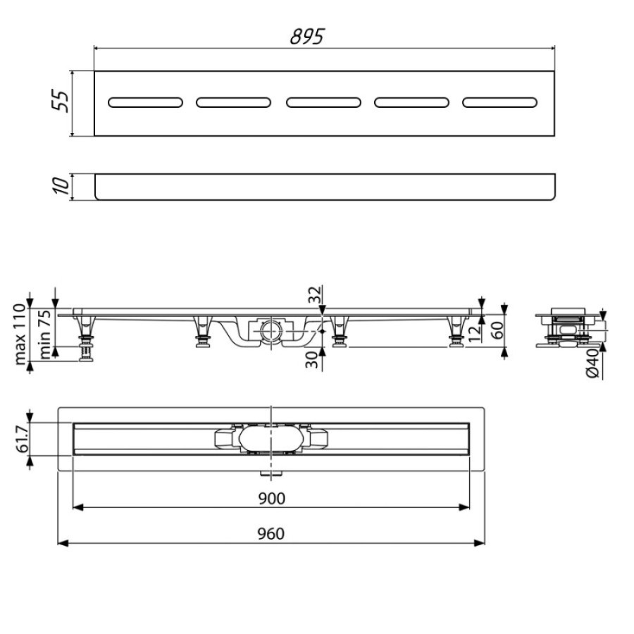 Дренажный канал Timo Eco SP10-900, 90 см, желоб из пластика, перфорированная решетка, хром, SP10900-SG10900