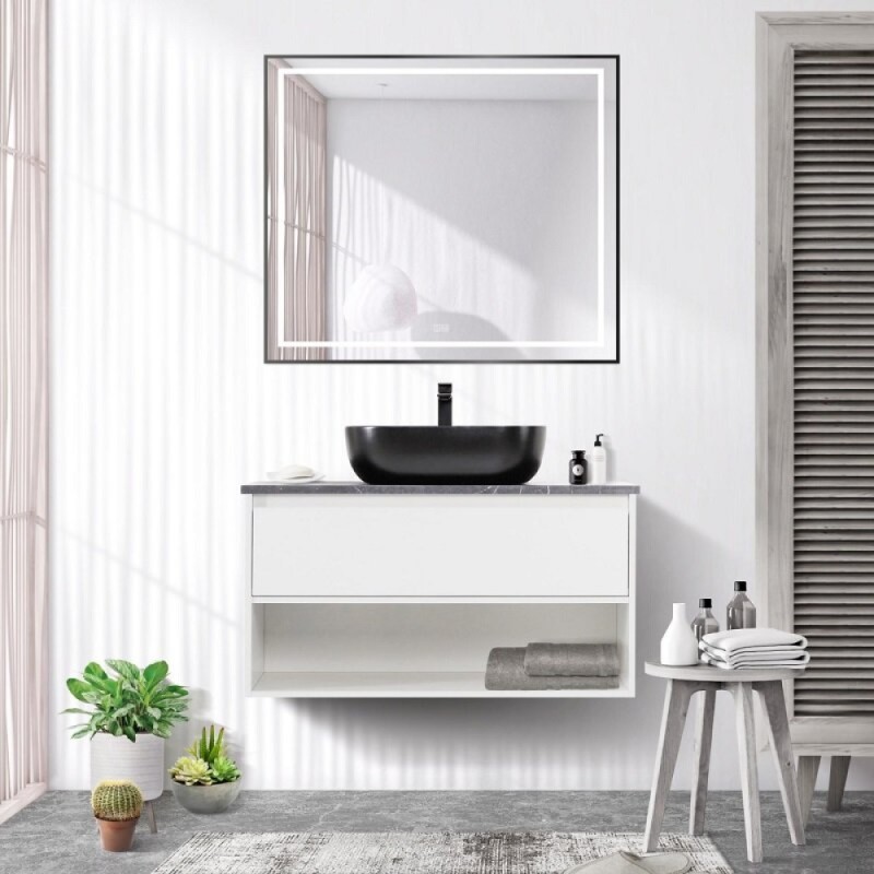 Зеркало BelBagno Kraft SPC-KRAFT-900-800-LED-TCH-WARM-NERO, 90 см, со встроенной подсветкой и подогревом, черный