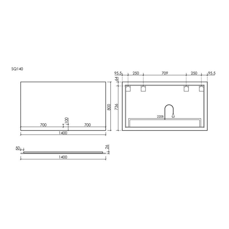 Зеркало Sancos Square SQ1400, 140 х 80 см, LED подсветка, сенсорное, с диммером