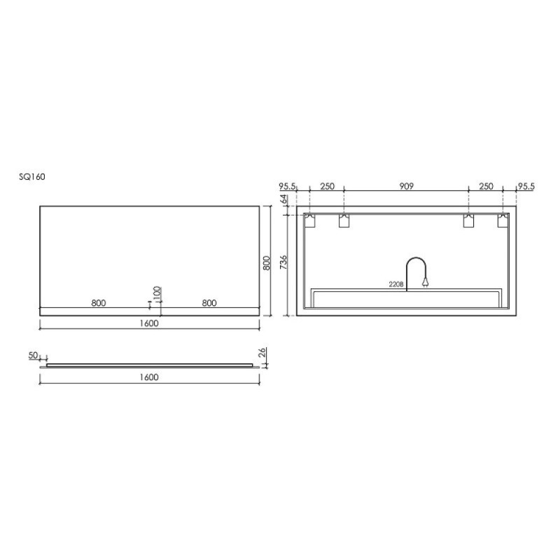 Зеркало Sancos Square SQ1600, 160 х 80 см, LED подсветка, сенсорное, с диммером