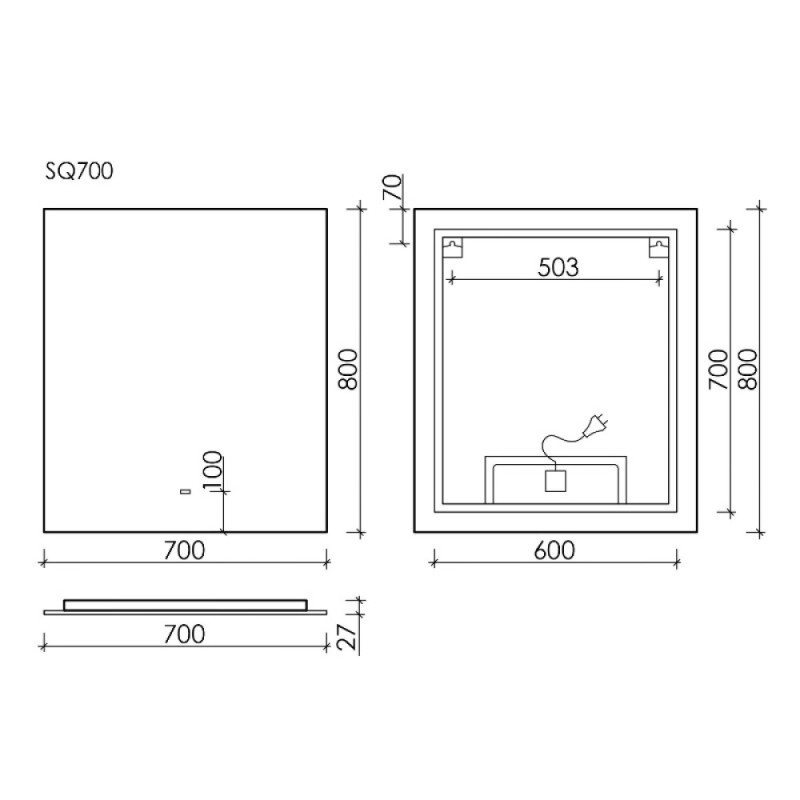 Зеркало Sancos Square SQ700, 70 x 80 см, с LED-подсветкой, сенсорный выключатель, холодный белый свет