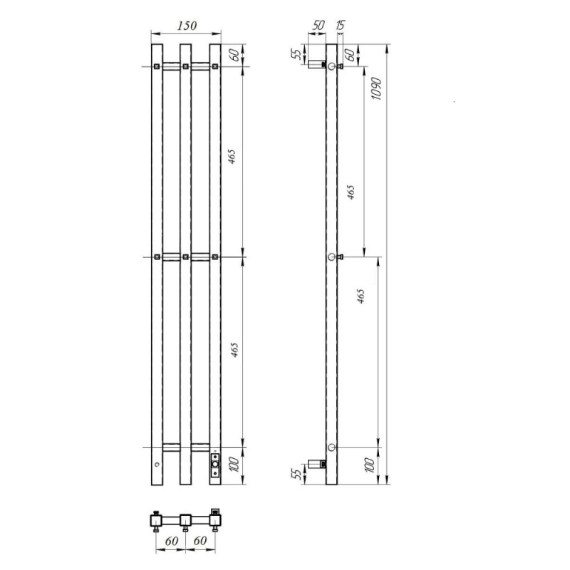 Полотенцесушитель электрический Apextermo Sirius SR10112WM, ширина 15 см, высота 110 см, диммер справа, цвет белый матовый