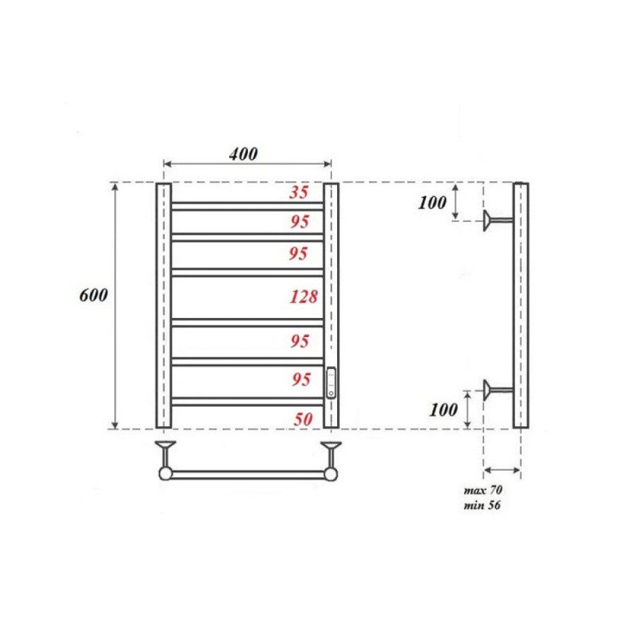 Полотенцесушитель электрический Apextermo Stella ST00164WM, ширина 40 см, высота 60 см, диммер справа, цвет белый матовый