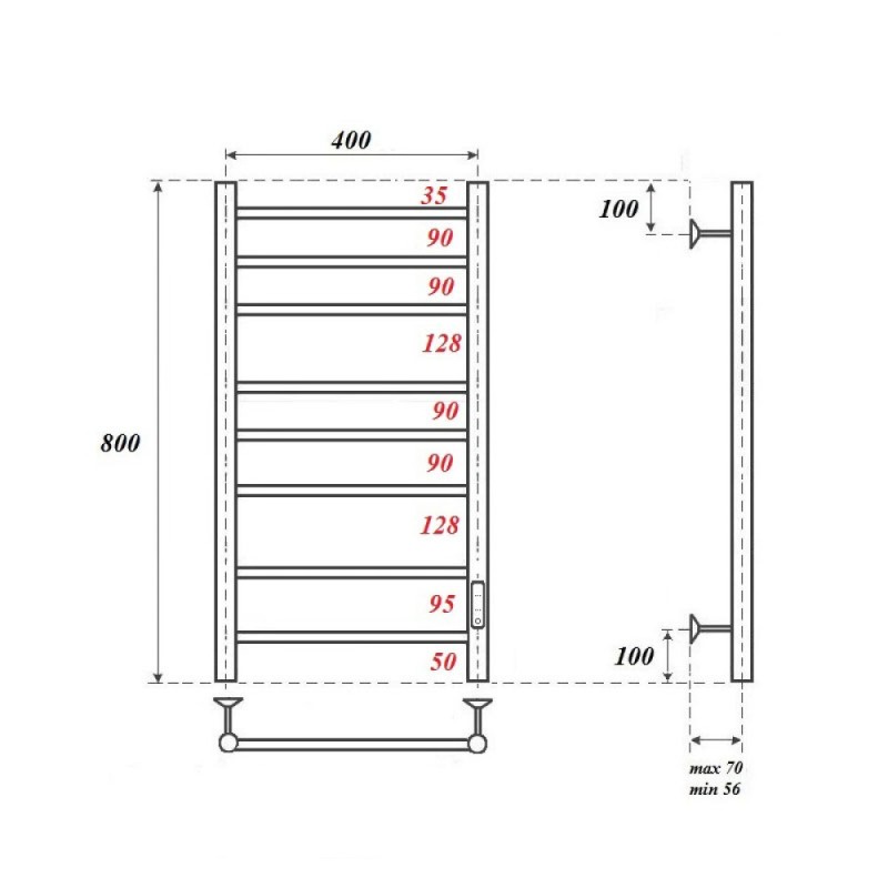 Полотенцесушитель электрический Apextermo Stella ST00184WM, ширина 40 см, высота 80 см, диммер справа, цвет белый матовый