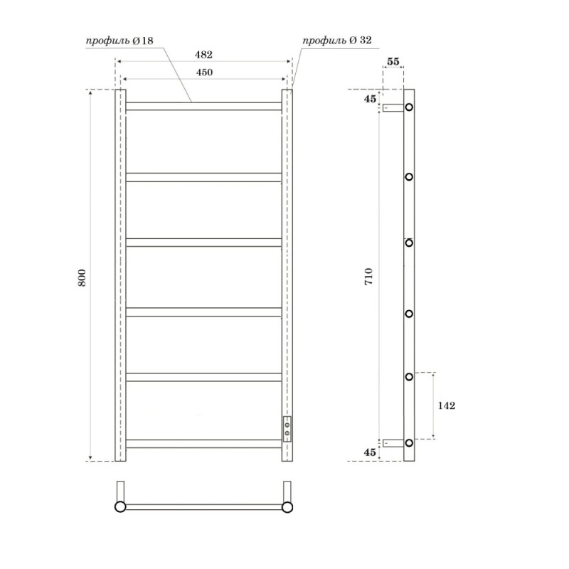 Полотенцесушитель электрический Apextermo Stella ST00384BL, ширина 45 см, высота 80 см, диммер справа, цвет черный