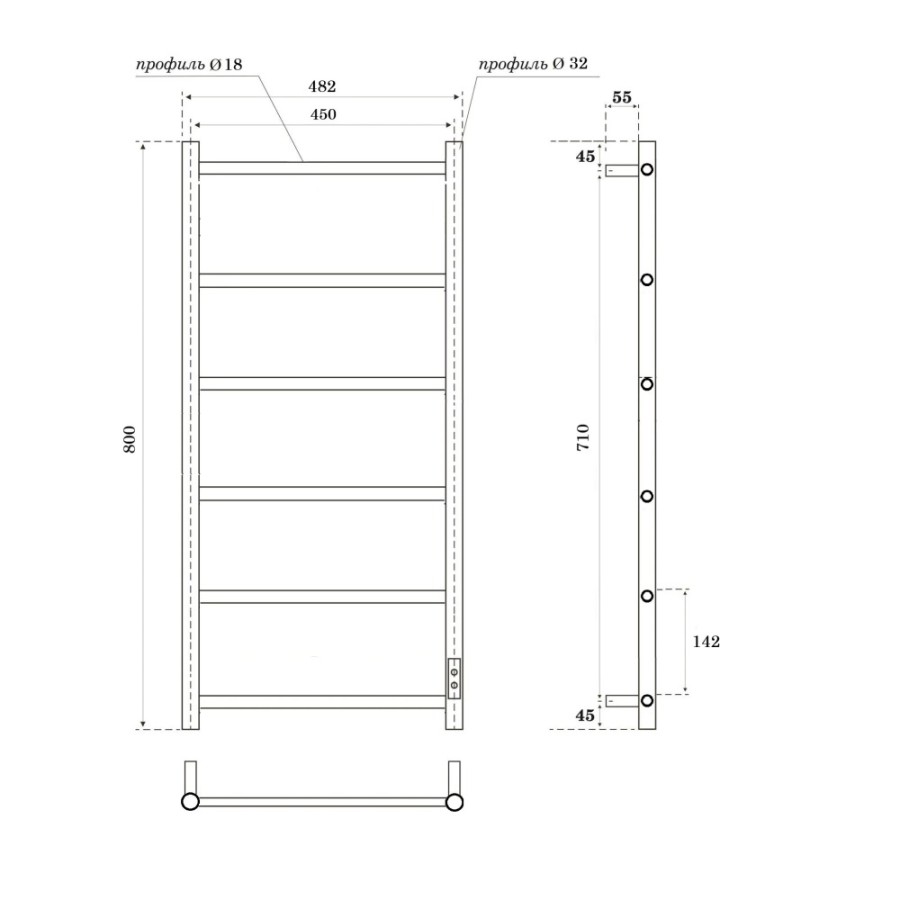Полотенцесушитель электрический Apextermo Stella ST00384BL, ширина 45 см, высота 80 см, диммер справа, цвет черный