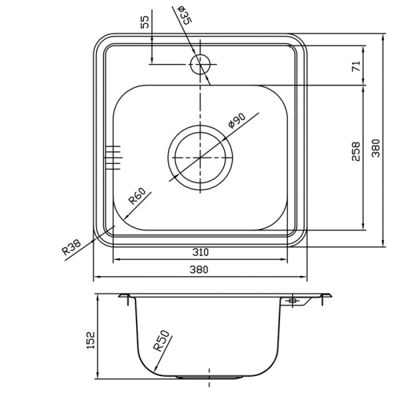 Кухонная мойка Iddis Strit STR38P0i77 38 x 38 x 15.2см, квадратная, нержавеющая сталь