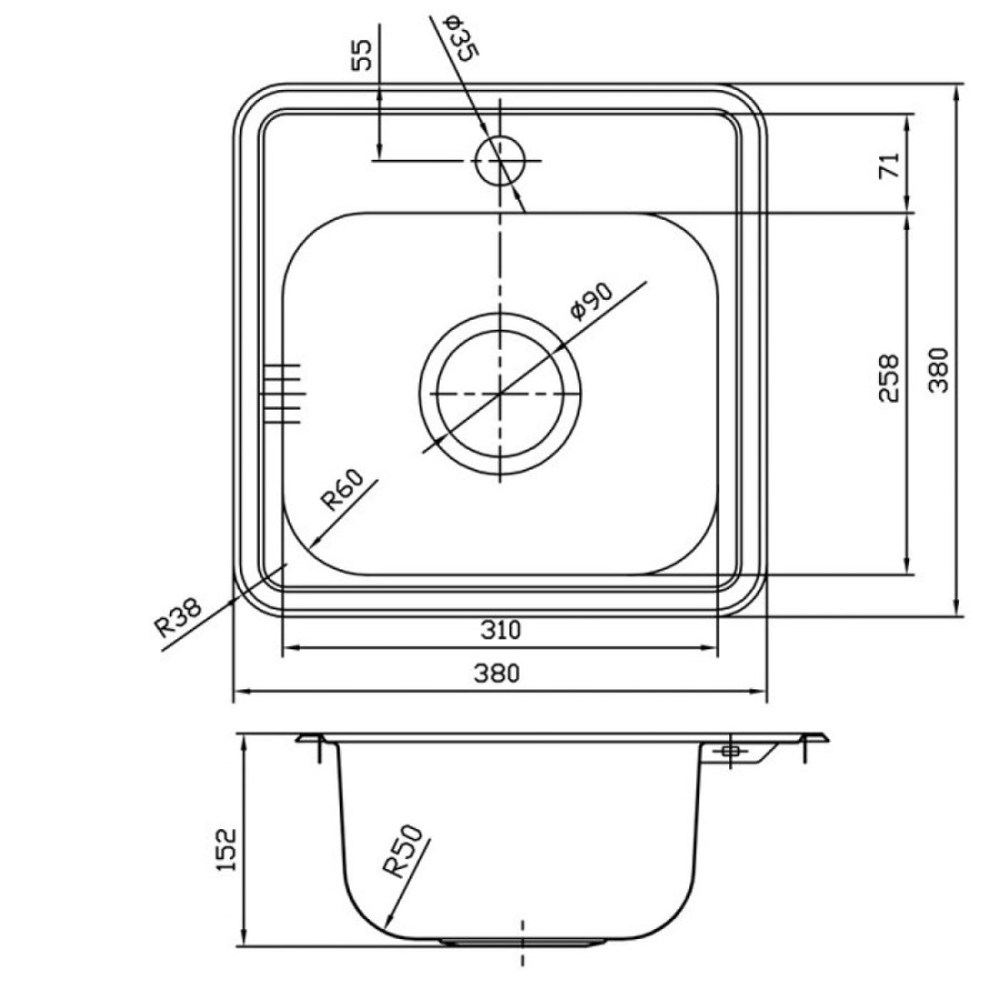Кухонная мойка Iddis Strit STR38P0i77 38 x 38 x 15.2см, квадратная, нержавеющая сталь