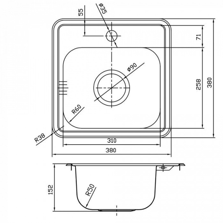 Мойка кухонная Iddis Strit 38 х 38 см (STR38S0i77)