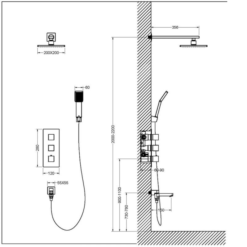 Душевая система Timo Tetra-Thermo, 3 потребителя, термостатическая, с изливом, цвет хром, SX-0199/00SM