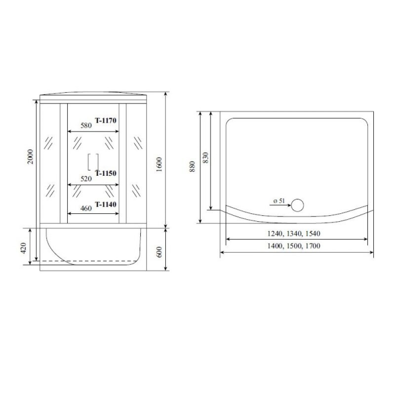 Душевая кабина Timo Standart T-6650SF-T-STUN, 150 x 88 см, стекло матовое, профиль хром, хамам