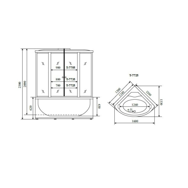 Душевая кабина Timo Lux T-7725-T-STUN, 120 x 120 см, стекло прозрачное, профиль хром, хамам