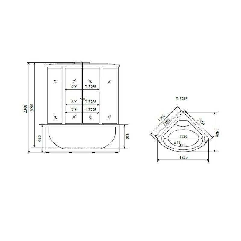 Душевая кабина Timo Lux Clean Glass T-7735C-T-STUN, 135 x 135 см, стекло прозрачное, профиль хром, хамам