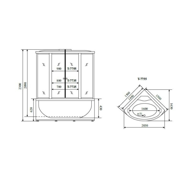 Душевая кабина Timo Lux T-7755-T-STUN, 150 x 150 см, стекло прозрачное, профиль хром, хамам