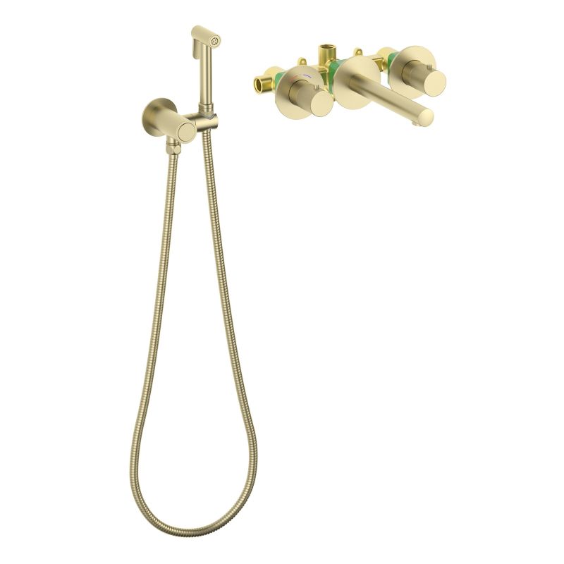 Смеситель для раковины встроенный с термостатом, с гигиеническим душем Saona 2383/17SM Золото матовое