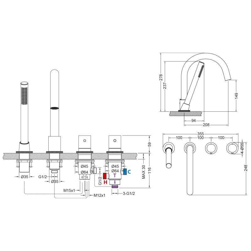 Смеситель на борт ванны Timo Saona 2330/17Y с термостатом Золото матовое