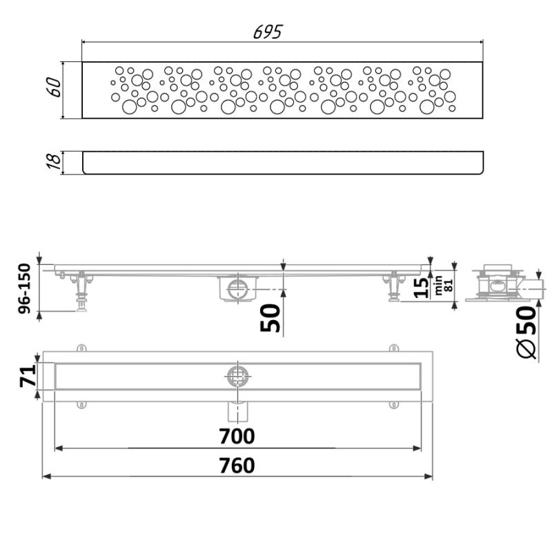 Душевой лоток Timo Standart 70 см DP20700-DR20700 с решеткой, матовый хром
