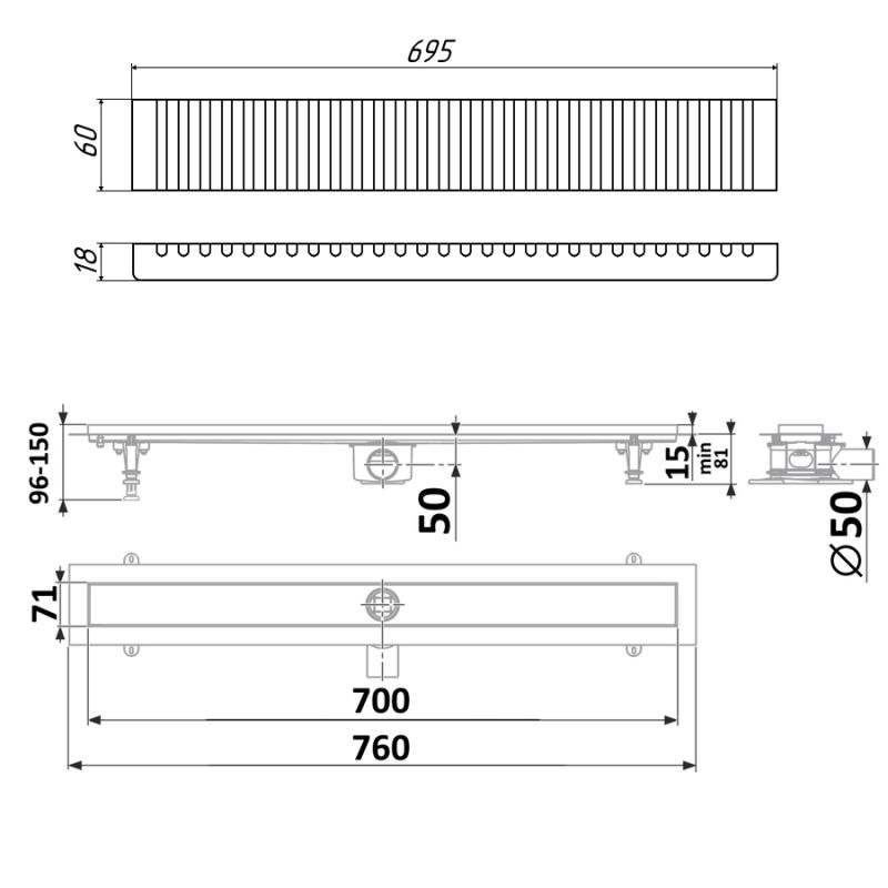Душевой лоток Timo Standart 70 см DP20700-LG20700 с решеткой, матовый хром