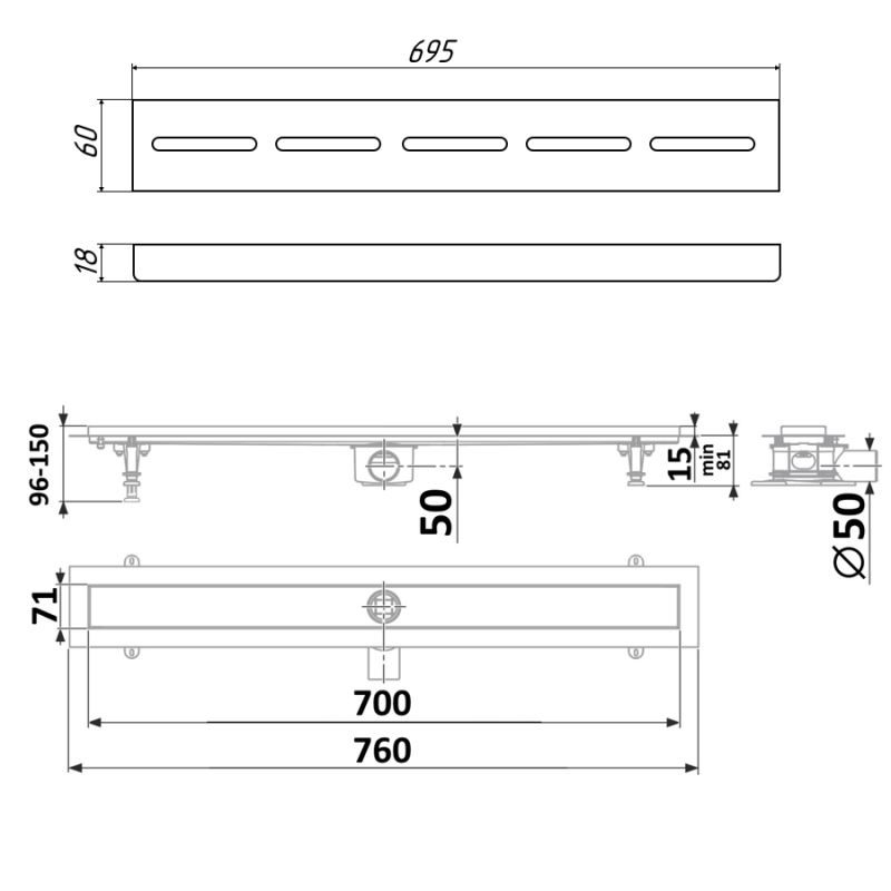 Душевой лоток Timo Standart 70 см DP20700-SG20700 с решеткой, матовый хром