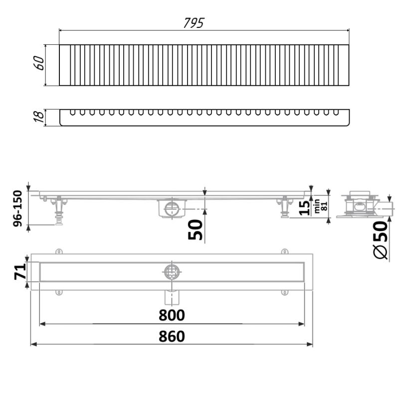 Душевой лоток Timo Standart 80 см DP20800-LG20800 с решеткой, матовый хром