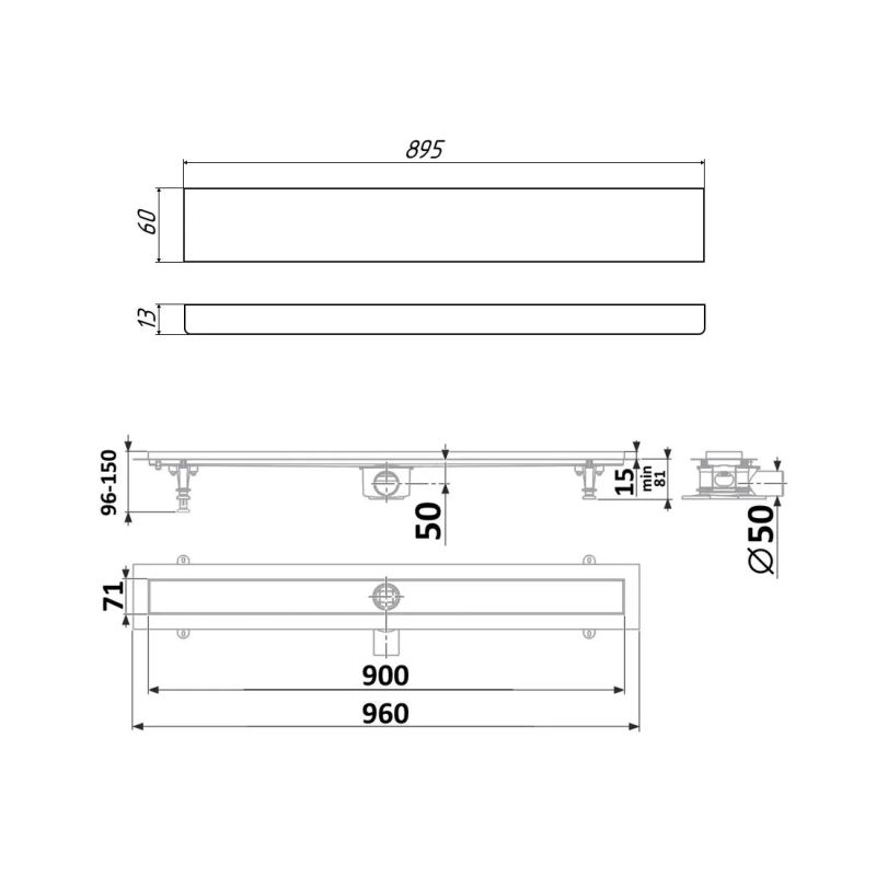 Душевой лоток Timo Standart 90 см DP20900-PG20900 с решеткой, матовый хром