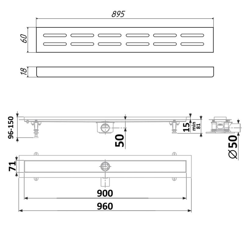 Душевой лоток Timo Standart 90 см DP20900-DG20900 с решеткой, матовый хром