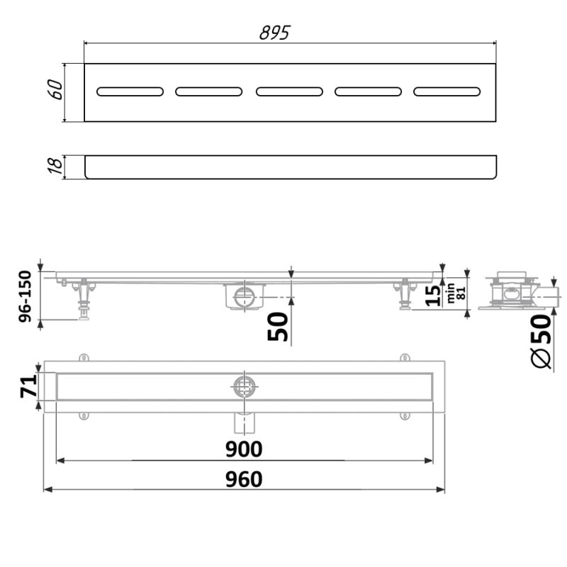 Душевой лоток Timo Standart 90 см DP20900-SG20900 с решеткой, матовый хром