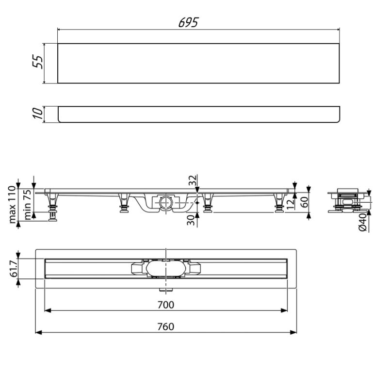 Душевой лоток Timo Eco 70 см SP10700-PG10700 с решеткой, матовый черный