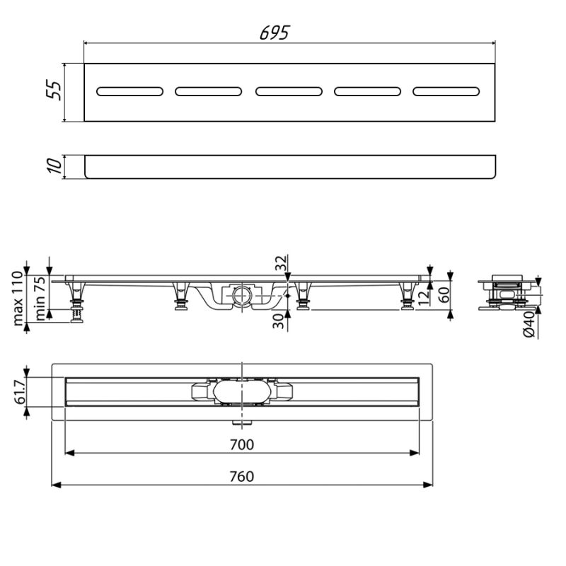 Душевой лоток Timo Eco 70 см SP10700-SG10700 с решеткой, матовый черный