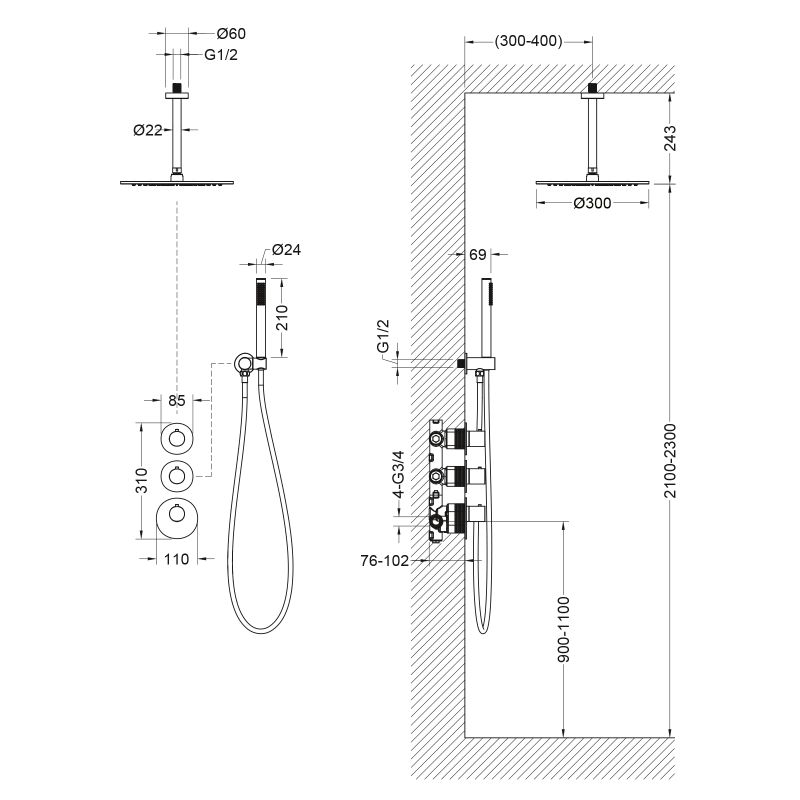 Душевая система Timo Saona SX-2399/03SM с термостатом Черная матовая