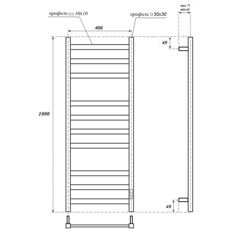 Полотенцесушитель электрический Apextermo Terra TR00104WM, ширина 40 см, высота 100 см, диммер справа, цвет белый матовый