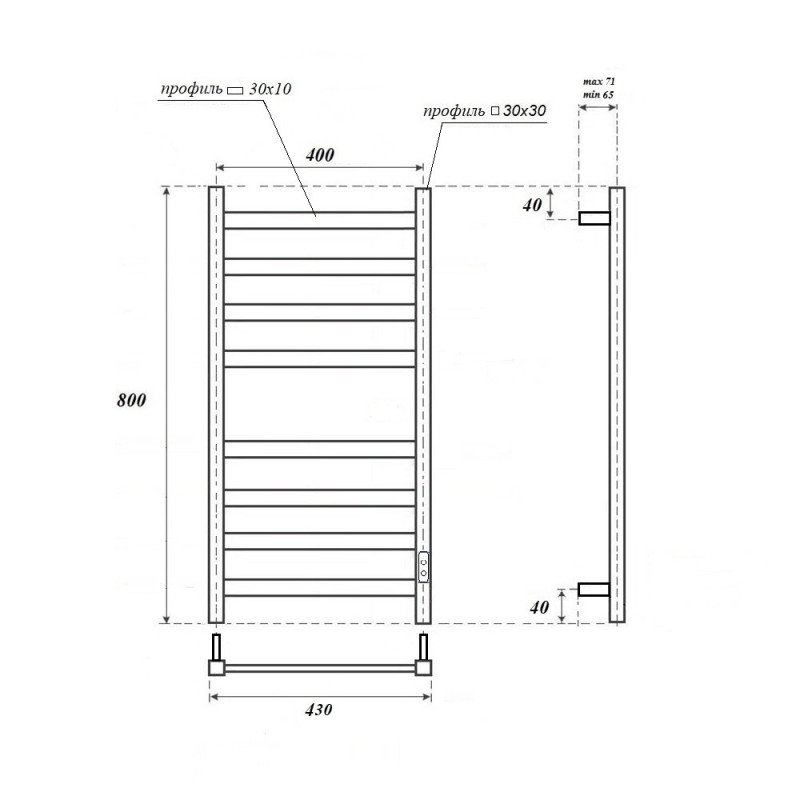 Полотенцесушитель электрический Apextermo Terra TR00184GN, ширина 40 см, высота 80 см, диммер справа, цвет оружейная сталь