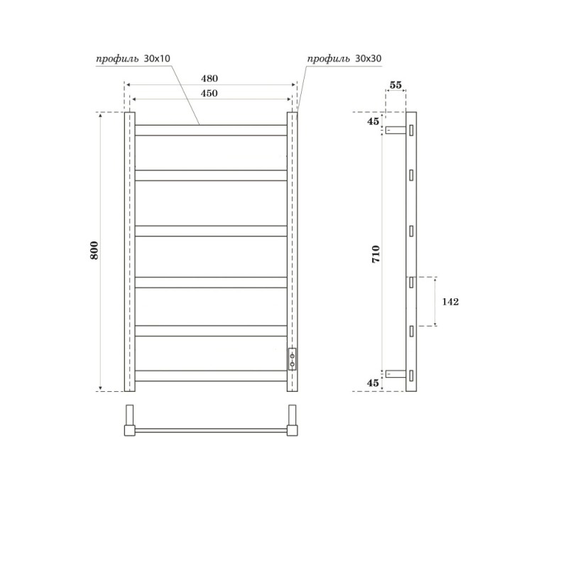 Полотенцесушитель электрический Apextermo Terra TR00384BL, ширина 45 см, высота 80 см, диммер справа, цвет черный