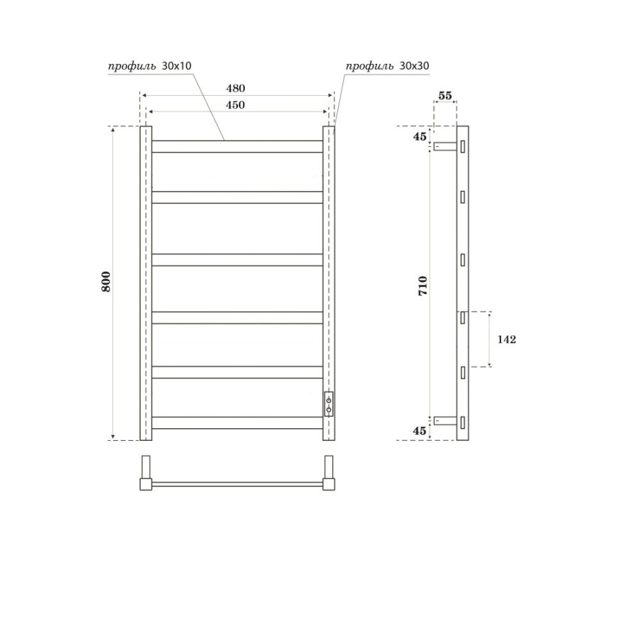 Полотенцесушитель электрический Apextermo Terra TR00384BL, ширина 45 см, высота 80 см, диммер справа, цвет черный