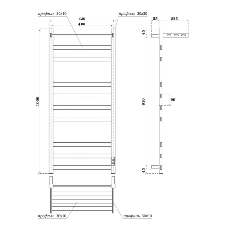 Полотенцесушитель электрический Apextermo Terra TR01104WM, ширина 40 см, высота 100 см, диммер справа, с полкой, цвет белый матовый