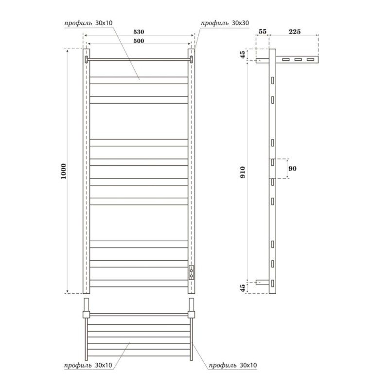 Полотенцесушитель электрический Apextermo Terra TR01105BM, ширина 50 см, высота 100 см, диммер справа, с полкой, цвет черный матовый