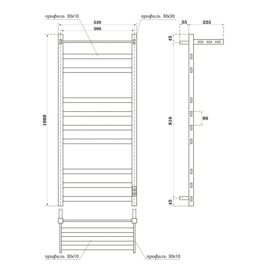 Полотенцесушитель электрический Apextermo Terra TR01105WM, ширина 50 см, высота 100 см, диммер справа, с полкой, цвет белый матовый