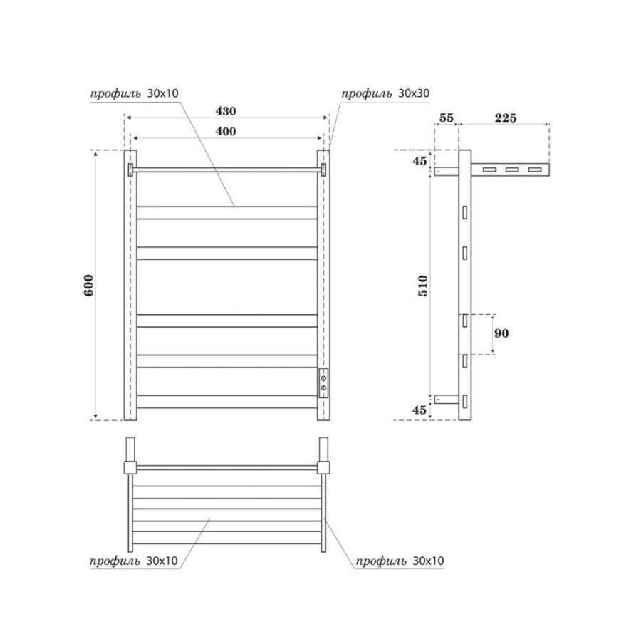 Полотенцесушитель электрический Apextermo Terra TR01164BM, ширина 40 см, высота 60 см, диммер справа, с полкой, цвет черный матовый