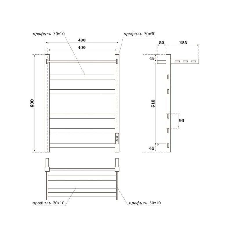 Полотенцесушитель электрический Apextermo Terra TR01164WM, ширина 40 см, высота 60 см, диммер справа, с полкой, цвет белый матовый