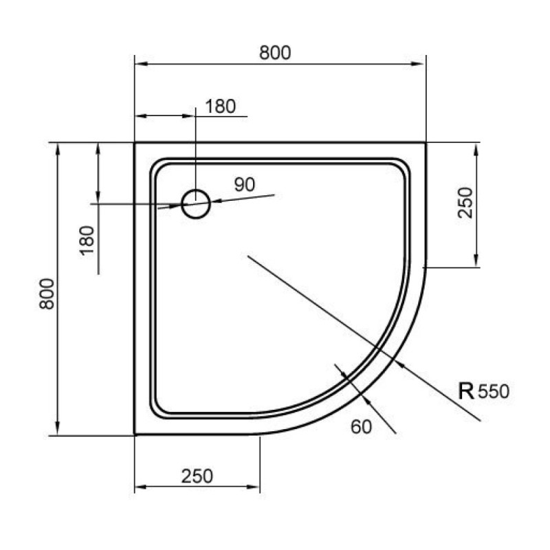 Поддон акриловый Cezares TRAY-A-R-80-550-15-W, 80 х 80 см, четверть круга, сифон в комплекте