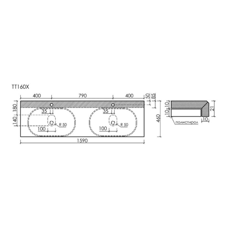 Столешница Sancos TT160A1X, 160 см, 2 отверстия под смеситель, керамогранит, цвет Black Sky