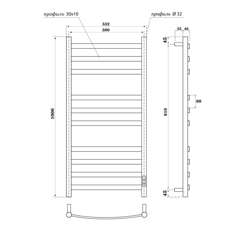 Полотенцесушитель электрический Apextermo Umbra UM00105BM, ширина 50 см, высота 100 см, диммер справа, цвет черный матовый